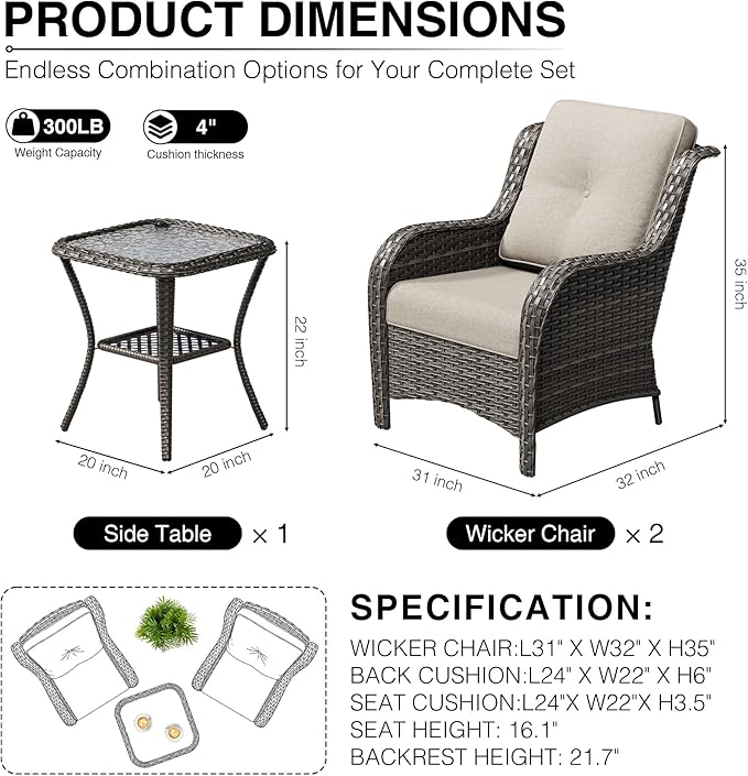 Joyside 3 Piece Wicker Patio Furniture Set, Rattan Patio Chairs with High Back, Deep Seating, Wide Armrest, Thickened Cushions, Outdoor Furniture for Deck, Porch Use