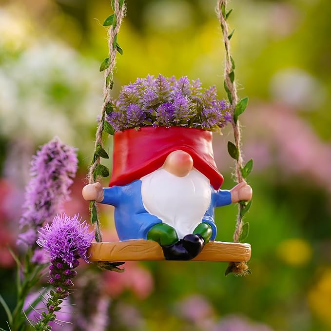Swing Garden Gnome Hanging Planters for Indoor Plants, Cute Small Succulent Pots with Drainage Hole, Resin Plant Hangers Outdoor, Hanging Plant Holder for String Of Pearls, Gift Ideas for Mother
