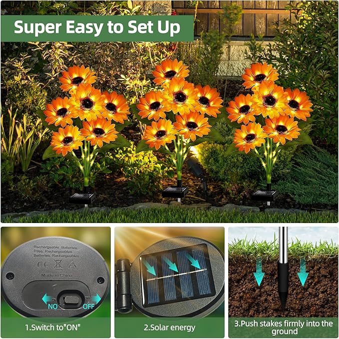 Solar Sunflower Lights Outdoor Garden Yard Decor Waterproof, 2 Pack with 12 Sunflowers Lights, Flowers Decorations Christmas Birthday Gifts for Mom Women Grandma