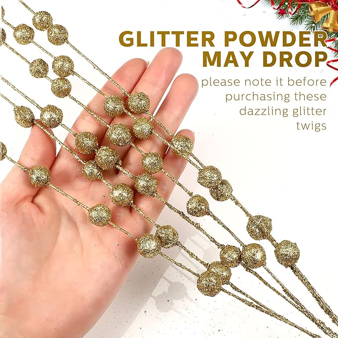 Syhood 200 Pcs Glitter Berry Stems, 13.8 Inches Christmas Berry Picks Holly Branches for Christmas Tree Decorations, Holiday Ornaments Home Decor and DIY Crafts(Gold)