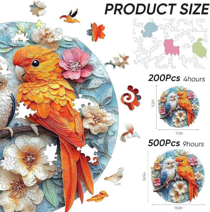 Qiuenisray Wooden Puzzles for Adults, Parrots Flower Jigsaw Puzzles 200 Pieces, Beautiful Puzzle, FSC Certified Unique Shape Animal Adult Puzzles, Creative Gift for Family Game 10.9x11.2 in