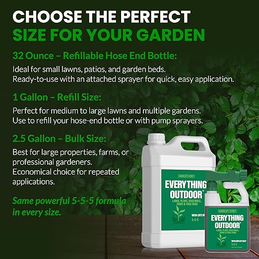 Humboldts Secret Everything Outdoor Plant Food | 5-5-5 Liquid Fertilizer with Norwegian Kelp | All Purpose Lawn, Vegetable & Fruit Food | Garden Nutrients | Refillable Hose End Bottle | 1 Gallon
