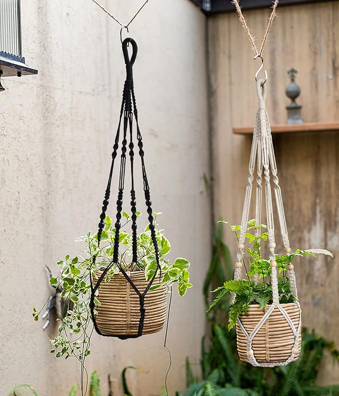 BlueMake Macrame Plant Hanger Indoor Hanging with Wood Beads Macrame Planters No Tassel for Indoor Outdoor Boho Home Decor 35 Inch (Black,1pc)