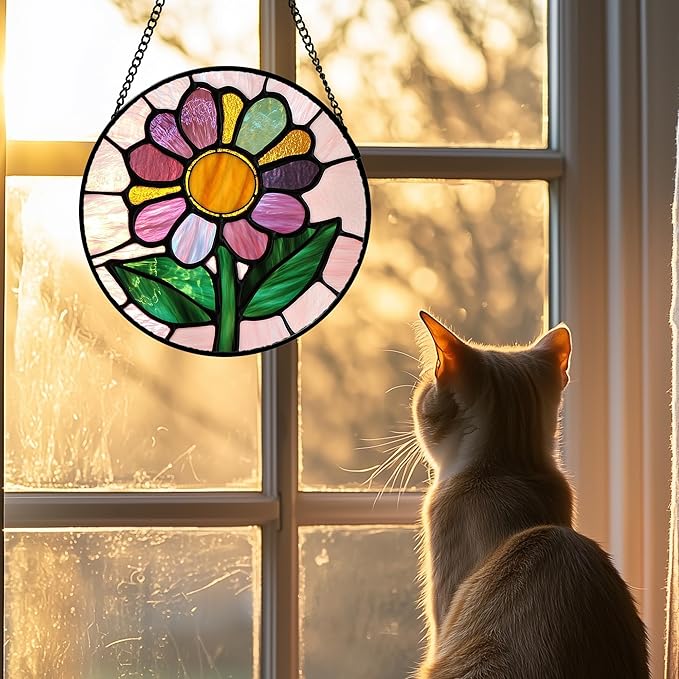DASTOLL Stained Glass Window Hanging 4 Pcs Set Pink Floral Theme Large 15" - Flowers Suncatcher Door Garden Sun Catcher Decor Birthday Christmas for Mom Woman Nana Men Friend