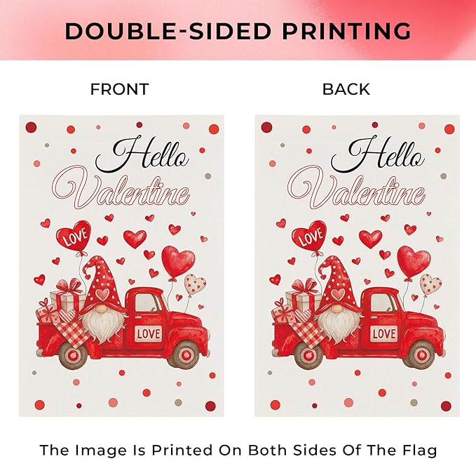pretty_jessie Valentines Day Garden Flag 12x18 Inch Double Sided, Hello Valentine Gnome Red Love Hearts Burlap Yard Flag Anniversary Patio, Porch, Backyard Outdoor Decorations