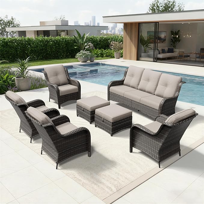 Joyside 7 Piece Wicker Patio Furniture Set, Rattan Patio Chairs with High Back, Deep Seating, Wide Armrest, Thickened Cushions, Outdoor Furniture for Deck, Porch Use