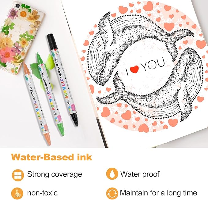 KEMYR 24 Colors Acrylic Paint Pens, Dual Tip Acrylic Paint Markers for Paper, Wood, Canvas, Stone, Rock Painting, Glass, Fabric, DIY, Ceramic, Art Supplies for Adults Drawing (Dot + Fine)