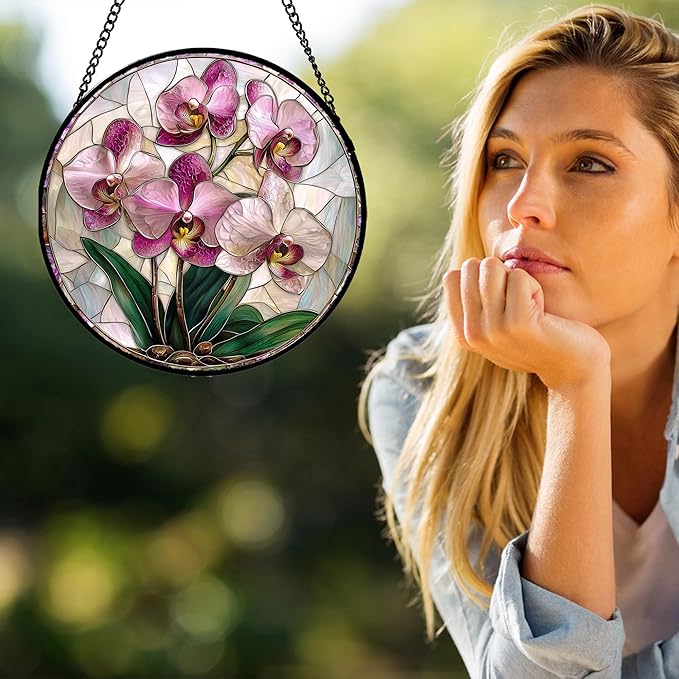 AMDERVEN Stained Glass Window Hanging - Pink Purple Phalaenopsis Flowers Sun Catcher for Door Home Decor Plant Suncatcher Christmas Mother's Day Birthday Gifts for Women Men Mom Nana 9.8 in
