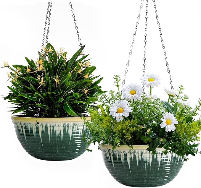 LESOASIS 12 inch Large Hanging Planters for Indoor Outdoor Plants, Set of 2 Glazed Hanging Flower Pots with Drainage Hole, Hanging Baskets for Garden Home Porch Decor