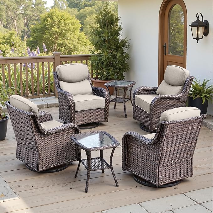 Belord Luxury 6" Thick Cushioned Outdoor Swivel Rocker Patio Chairs Set of 4 with Side Table, High Back Wicker Furniture Set with Ergonomic Zone Back, Conversation Set for Deck Porch - Brown+Blue