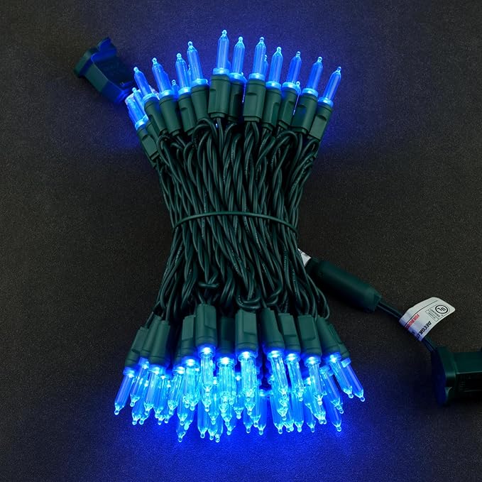 YULETIME 100 Blue One-Piece T5 LED Christmas Lights, 33 ft High Waterproof UL Certified Green Wire String Lights (Blue)