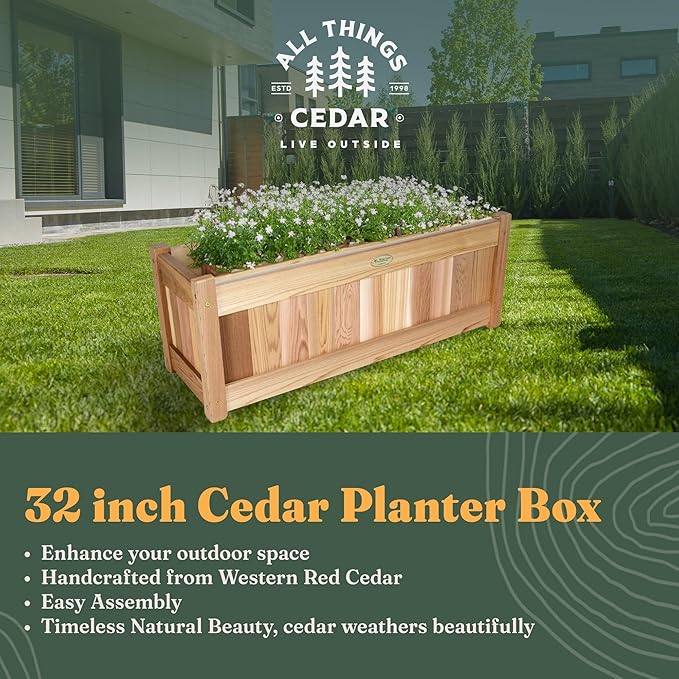 All Things Cedar Planter Box, Outdoor Cedar Wood Garden Bed, 32 Inches Wide, Natural