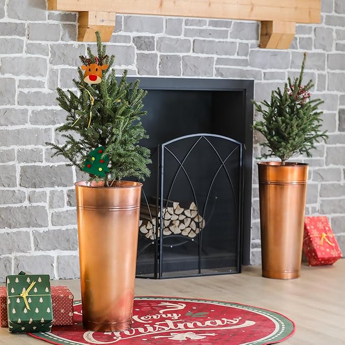 UltiTeque 28in Tall Copper Planters Set of 2,Galvanized Steel Tall Outdoor Planter for Indoor/porches- Copper Color(2planters,2inner pots with Holes,2trays)