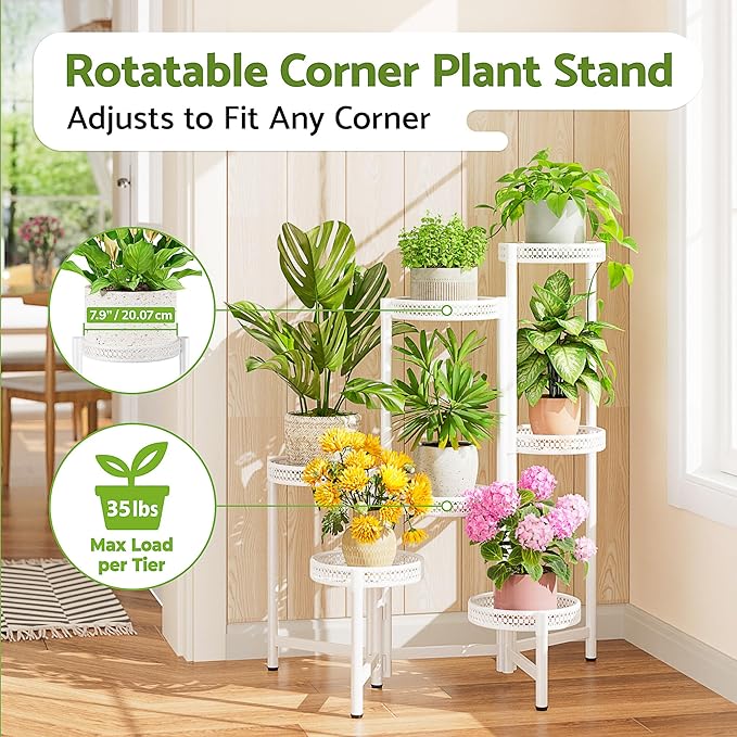 NQW 7 Tier Plant Stand Indoor Outdoor, Corner Tiered Plant Stands, Planter Display Rack for Multiple Plants, Wrought Iron Flower Stand, Folding Tall Plant Rack Shelf for House Patio Garden - WhiteWave