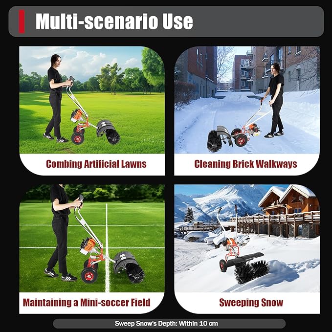 52cc Gas Powered Walk Behind Snow Sweeper, 2.5HP 2-Stroke Folding Snow Blower with 20-Inch Brush, Driveway Turf Snow Broom for Driveway, Sidewalk, Patio Light Snow Removal & Yard Cleanup