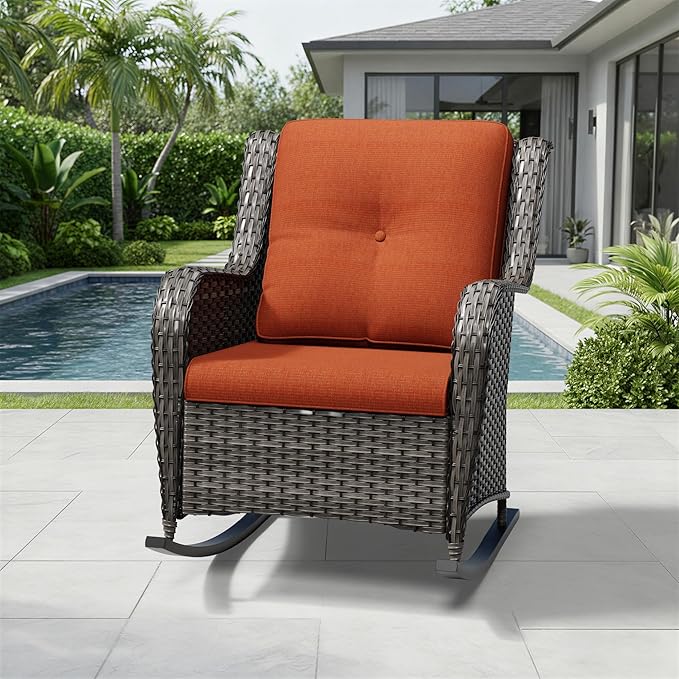 Joyside Outdoor Rocking Chair, Wicker Patio Furniture with High Back, Deep Seating, Wide Armrest, Thickened Cushions, Outdoor Rattan Furniture for Deck, Porch Use