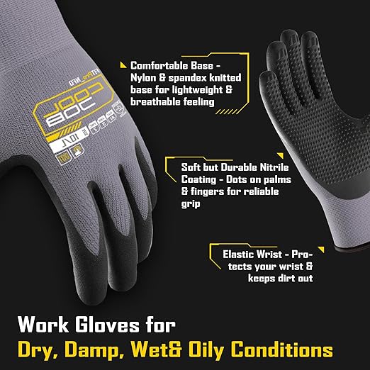 COOLJOB 12 Pairs Nitrile Rubber Coated Nylon Safety Work Gloves Pack Bulk, Dotted for Non-Slip Grip, Breathable Soft Seamless Knit Nitrile Dipped Gloves for Warehouse, Home Improvement, Yard, Medium