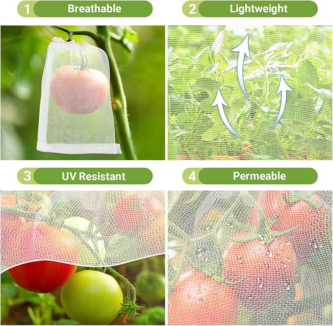 Mesh Fruit Cover Bags Against Birds - 25pcs 4x6 in Protection Bags With String for Trees, Vegetables, Flowers - Netting Away From Bugs
