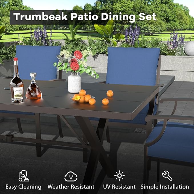 9-Piece Patio Dining Set Outdoor Conversation Set,Metal Outdoor Furniture Set with Umbrella Hole Cut-Out 78.7" x 35.4" Table and 8 Metal Backrest Chairs for Backyard,Garden,NavyBlue