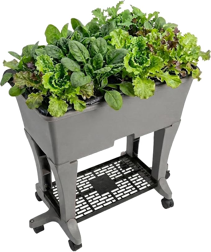 EarthBox Raised Garden Bed with Legs – Elevated Self Watering Planter Box with Wheels, Storage Shelf, Premium Plant Food, Easy Assembly, Made in USA, Gray