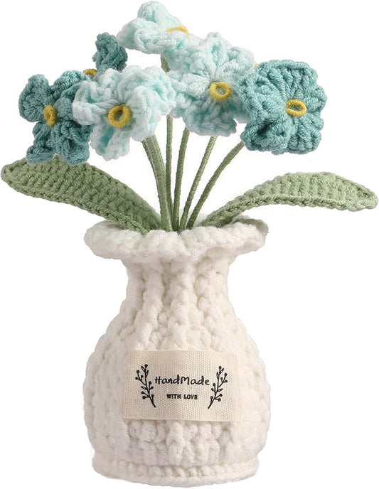 YOOJEE Crochet Flower Pot Forget-me-not Valentines Day Gift for Women Him Her Boyfriend Girlfriend Lover Husband Couples Wife Coworker Birthday Wedding Knitted Blue Plant Cute Office Desk Decor