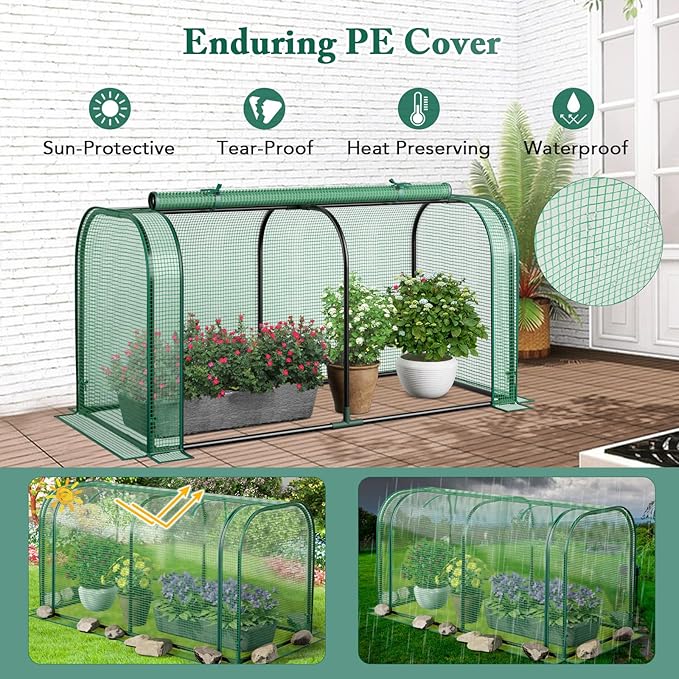 Toolsempire Raised Garden Bed with Greenhouse, Waterproof Sun-Protective Green House with Roll-Up Door & Electroplated Metal Frame, Fir Wood Elevated Planter Box with Drainage Holes(Green+Gray)