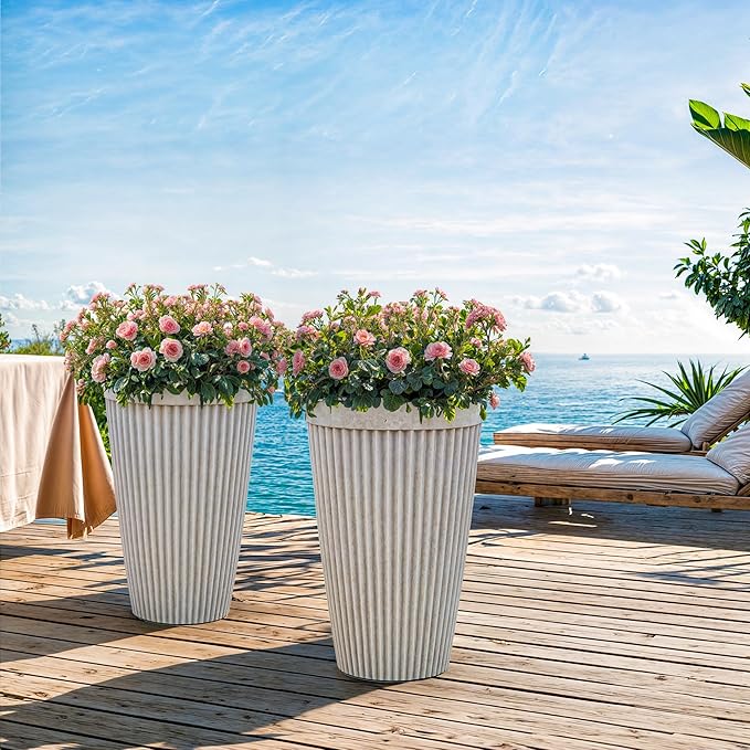 Autodaya 20" Tall Planters Set of 2, High-Density Resin Fluted Outdoor Pots for Plants, Versatile Indoor/Outdoor Flower Pots w/Drainage Holes for Patio, Garden, Porch & Living Room Decor, Ideal Gift