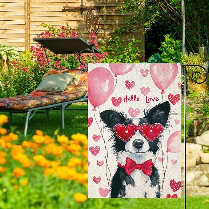 Valentine's Day Border Collie Hello Love Garden Flag, House Yard Plaid Love Heart Outside Decoration, Spring Holiday Wedding Anniversary Outdoor Small Decor 12x18(12622)