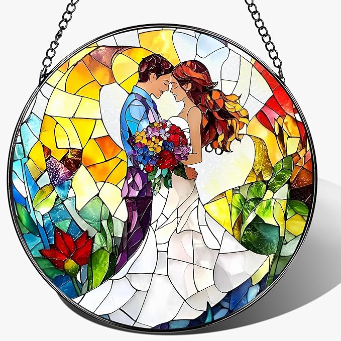 LAOWEIKI 8'' Romantic Couple Wedding Sun Catcher Ornament, Stained Glass Window Hanging, Suncatchers for Windows Hanging Ornaments, Window Decor | Ideal Gift, Wedding Gift, Gifts for Couple & Newlywed