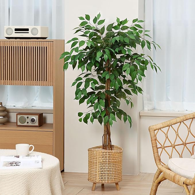 4ft Ficus Artificial Trees with Realistic Leaves and Trunk, Silk Fake Ficus Tree with Plastic Nursery Pot, Faux Ficus Tree for Office Home Farmhouse for Indoor Outdoor Decor(Set of 1)