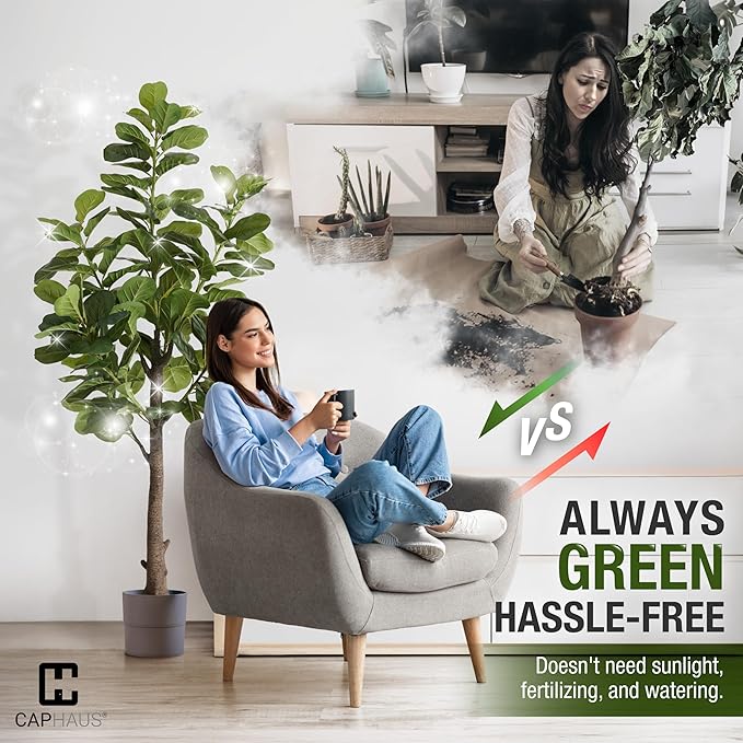 CAPHAUS Artificial Fiddle Leaf Fig Tree, 6/7 Feet in Pot with Dried Moss, for Indoor House Home Office Store, Potted Ficus Lyrata Faux Tree, Fake Plant Modern Decoration Gift for Housewarming