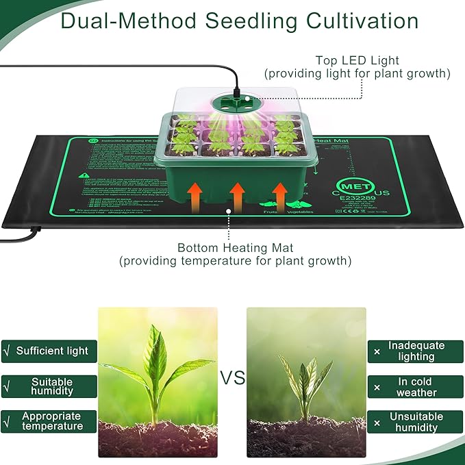6 Pack Seed Starter Tray Kit with Grow Light and Seedling Heat Mat 72 Cells Seed Starter Tray with Humidity Dome and Base Plastic Plant Growing Germination Trays for Seed Propagation, Green