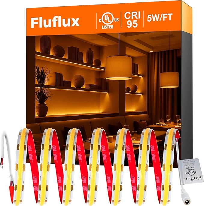 FluFlux Candlelight COB LED Strip Lights 2400K, 5W/FT, 16.4FT 24V LED Tape Light with 3M VHB Backing, CRI 95, UL Listed, Cuttable, Dimmable, Bendable for Bars, Restaurants, Relaxing (NO Power Supply)
