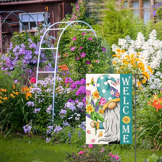 Welcome Spring Gnomes Garden Flag 12x18 Double Sided Vertical Outdoor Flag for Spring Summer Farmhouse Decoration Yard Lawn Garden Banner (Spring Garden Flag)