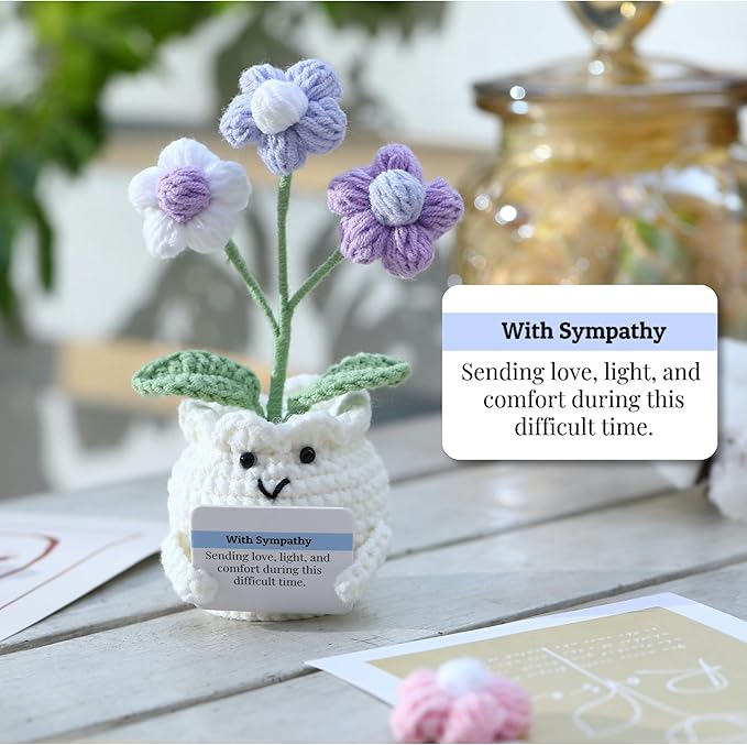 YOOJEE Crochet Sympathy Gifts for Loss of Loved One – Send Sympathy Crochet Puff Flower Potted Plant with Comfort Card – Bereavement, Grief Support Gift Idea for Grandpa Grandma Mom Dad Women Friends