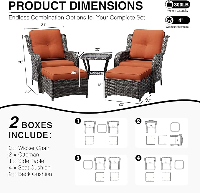 Joyside 5 Piece Wicker Patio Furniture Set, Rattan Patio Chairs with High Back, Deep Seating, Wide Armrest, Thickened Cushions, Outdoor Furniture for Deck, Porch Use