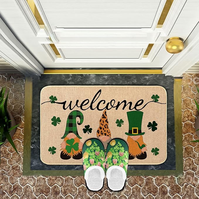 St. Patricks Day Door Mat Lucky Shamrocks Gnome Welcome Floor Mats Indoor Outdoor Rugs Saint Patrick's Day Decorations Kitchen Front Door Bathroom Rug Irish Doormats 17 x 30 Green