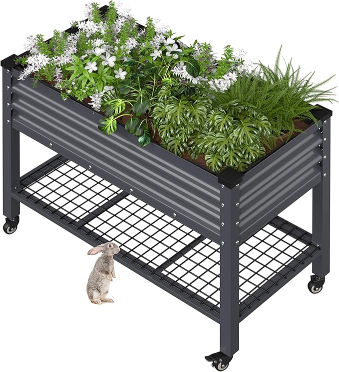 BlueWish 48" W x 24" D x 34" H Outdoor Galvanized Garden Bed, Elevate Raised Bed with Detachable Black Liner, Rolling Casters, Storage Shelf, Planter Boxes for Gardening, Vegetable, Flower, Grey