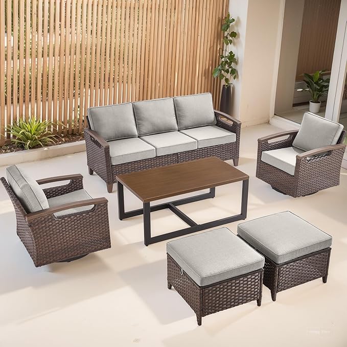 Rilyson Wicker Outdoor Patio Furniture Set - 6 Piece Patio Conversation Sets with Swivel Rocker Chairs, Sofa, Ottomans and Coffee Table, Thick Cushions, Waterproof Wicker, for Porch Deck Brown/Beige