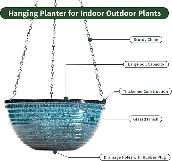 LESOASIS 12 inch Large Hanging Planters for Indoor Outdoor Plants, Set of 2 Glazed Hanging Flower Pots with Drainage Hole, Hanging Baskets for Garden Home Porch Decor