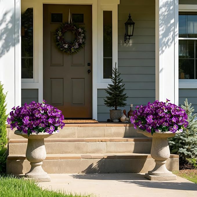 Artificial Morning Glory Flowers Plants for Outdoor 8 Pcs Faux Silk Petunias Flower Realistic Faux Flowers Plants for Outside Planter Porch Yard Patio Balcony Home Indoor Decor (8 Pcs Purple+Purple)