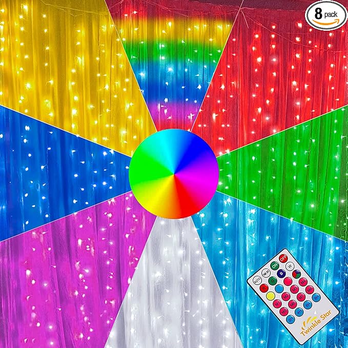 Twinkle Star 300 LED Window Curtain Lights, Christmas Rainbow RGB Color Changing 64 Functional Backdrop Light with Remote, Colorful Icicle String Light for Wedding, Party, Outdoor Indoor Decor