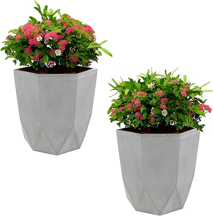 Sunnydaze Modern Faceted 14.75" Polyresin Geometric Planter - Flower Pot for Indoor or Outdoor Use - Light Gray - Set of 2