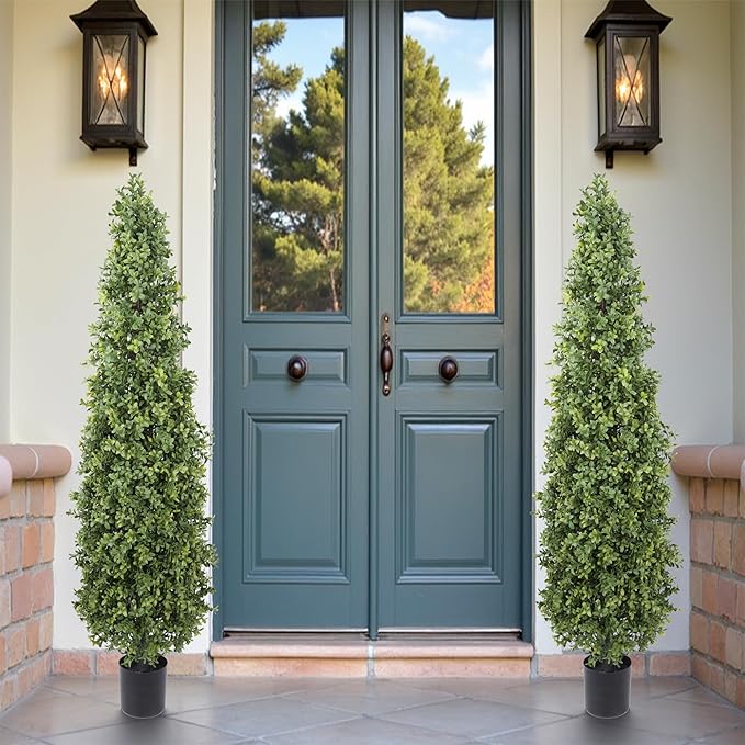 Yuwinron Artificial Boxwood Topiary Tree 4FT Fake Topiary Tree Faux Potted Topiary Plant for Porch Home Garden Decor 2Pack