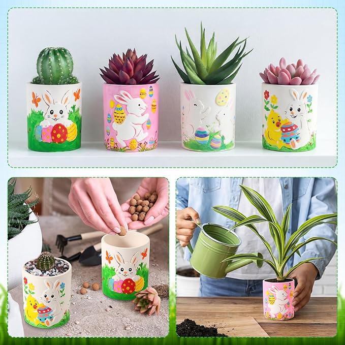 Zubebe 12 Pcs Easter Paint Your Own Bunny Ceramic Pots Bulk Unfinished Succulent Pots Painting Kits with Drainage Hole Mini Paintable Vase Ready to Paint Easter Gifts Basket Stuffers for DIY Craft