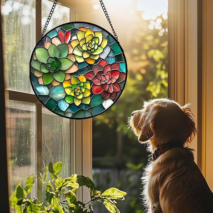 HWRHTR Stained Glass Window Hanging - Red Green Succulent Plants Suncatcher for Doors Window Home Sun Catchers Decor Christmas Mother's Day Birthday Gifts for Teacher Women Men Mom Nana 9.8 in