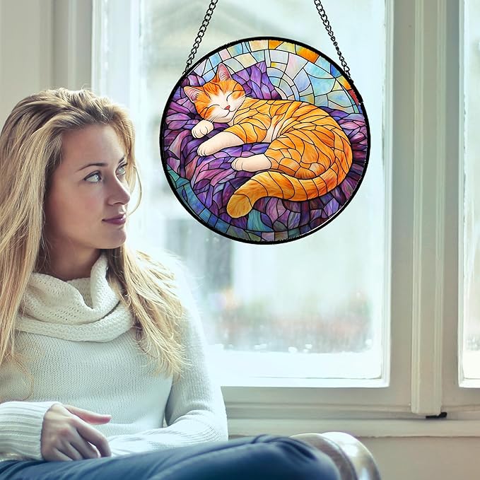 Stained Glass Window Hanging Sleeping Orange Cat Large 11.8" - Memorial Gift Suncatcher Door Sun Catcher Decor Birthday Christmas for Lost Pets Mom Men Woman Friend