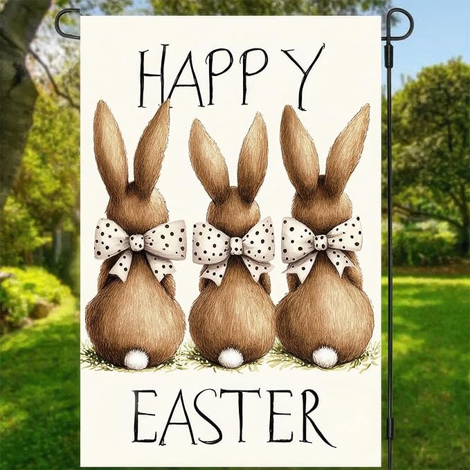 Happy Easter Garden Flag 12x18 Inch Double Sided Bunny Bow Yard Flag Outdoor Welcome Yard Holiday Decoration Colorful Easter Three Cute Bunny Holiady Supplies