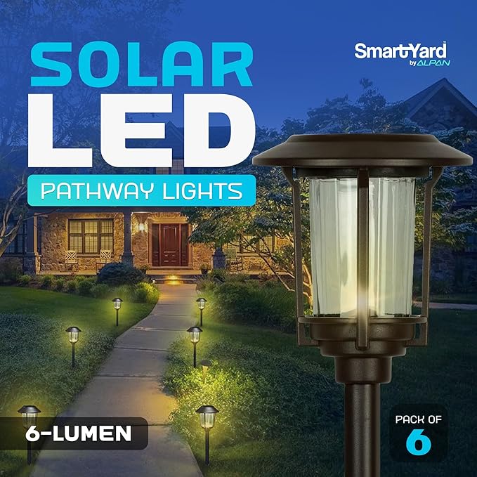 Smart Yard Solar LED Pathway Lights - 6 Pack, Nickel Finish, Modern Metal Design, Waterproof Outdoor Yard Lights, Automatic Rechargeable for Garden, Patio, and Pathways