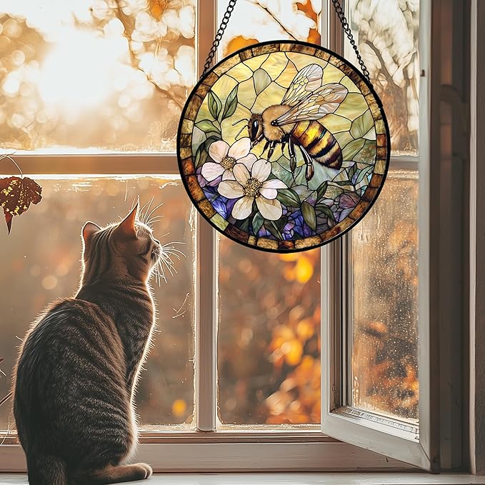 AMDERVEN Stained Glass Window Hanging, Vintage Bee Yellow Flower Sun Catcher for Window Door Home Decor Suncatcher Christmas Mother's Day Birthday Gifts for Women Men Mom and Nana 15 in